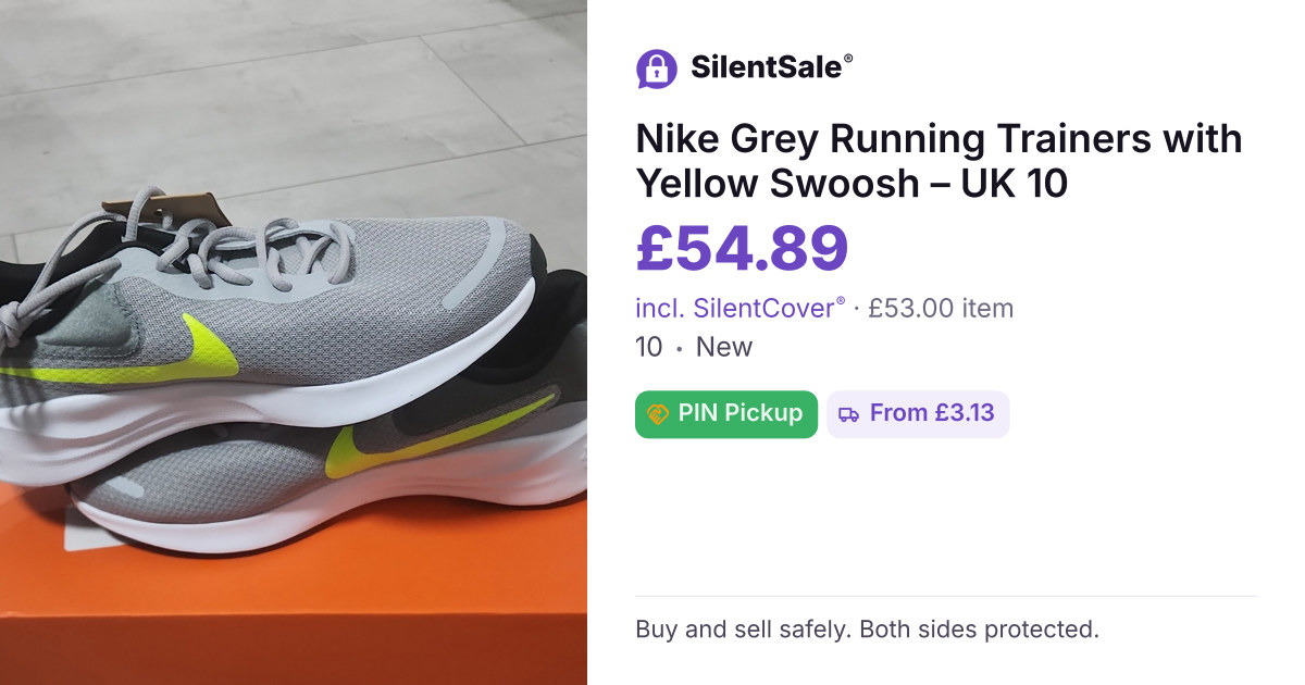 Nike Grey Running Trainers with Yellow Swoosh – UK 10