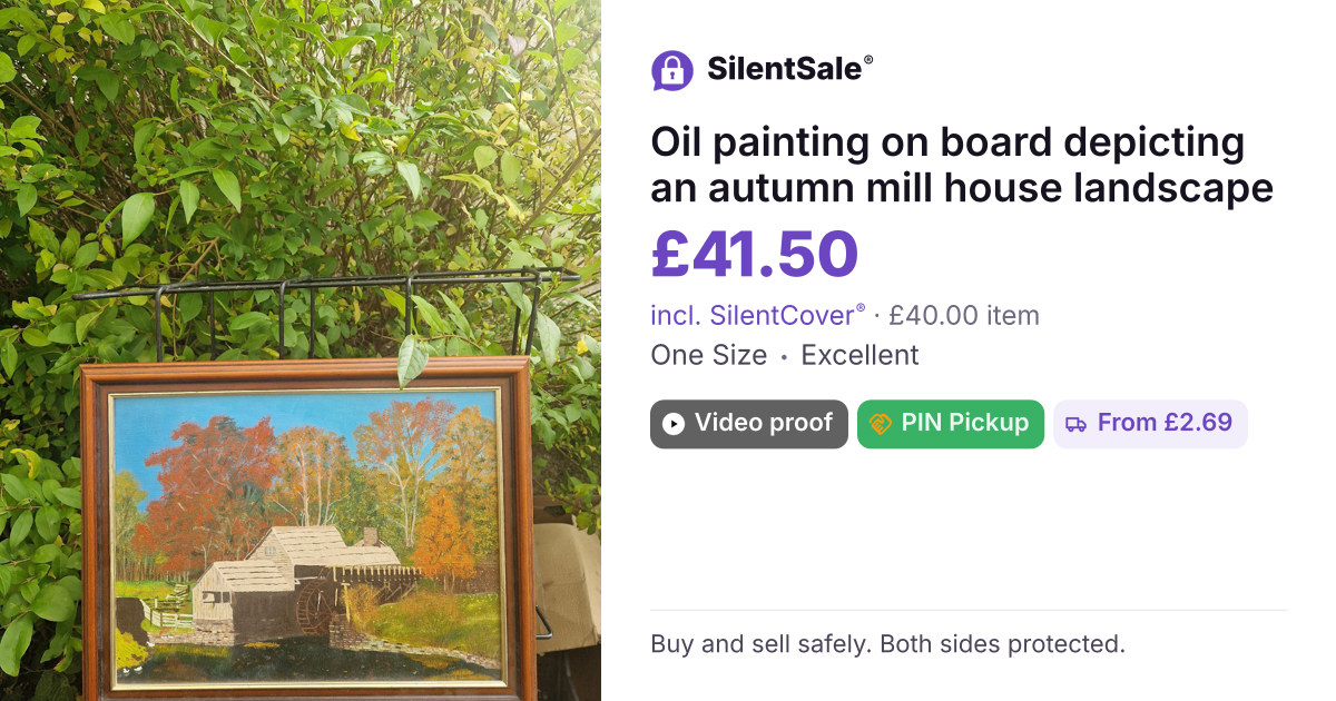 Oil painting on board depicting an autumn mill house landscape