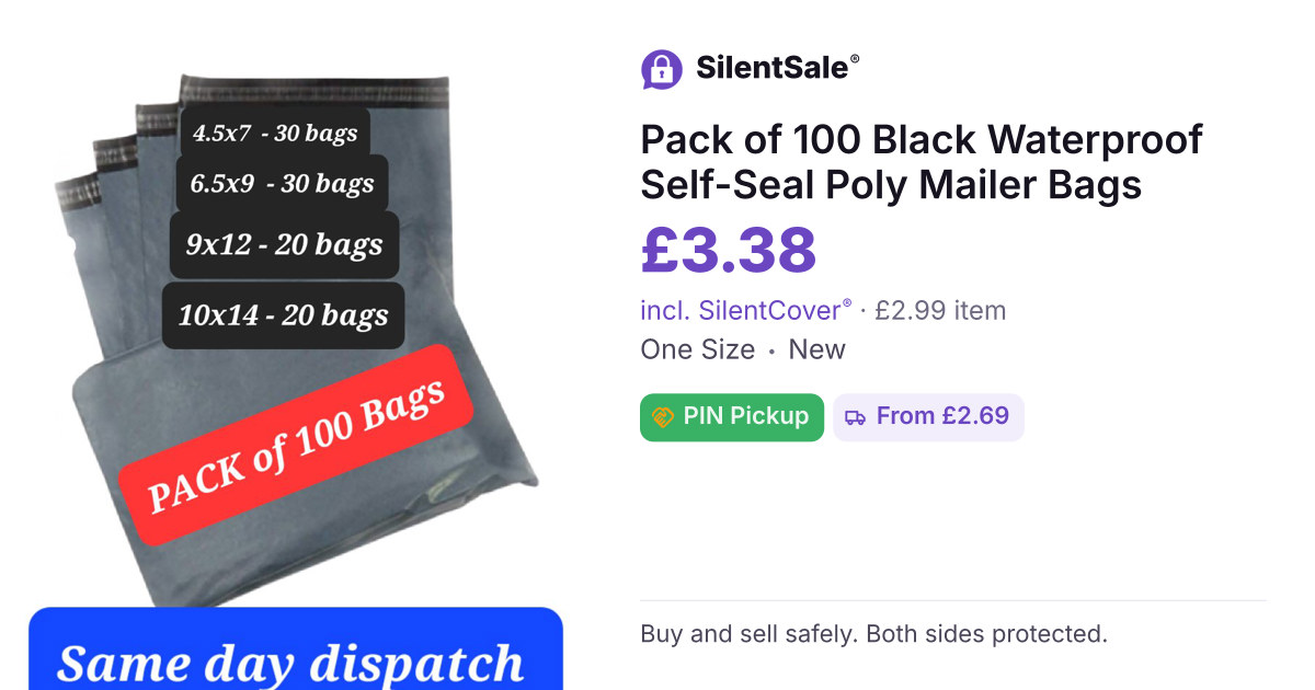 Pack of 100 Black Waterproof Self-Seal Poly Mailer Bags