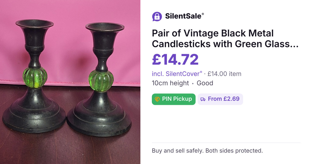 Pair of Vintage Black Metal Candlesticks with Green Glass Detail