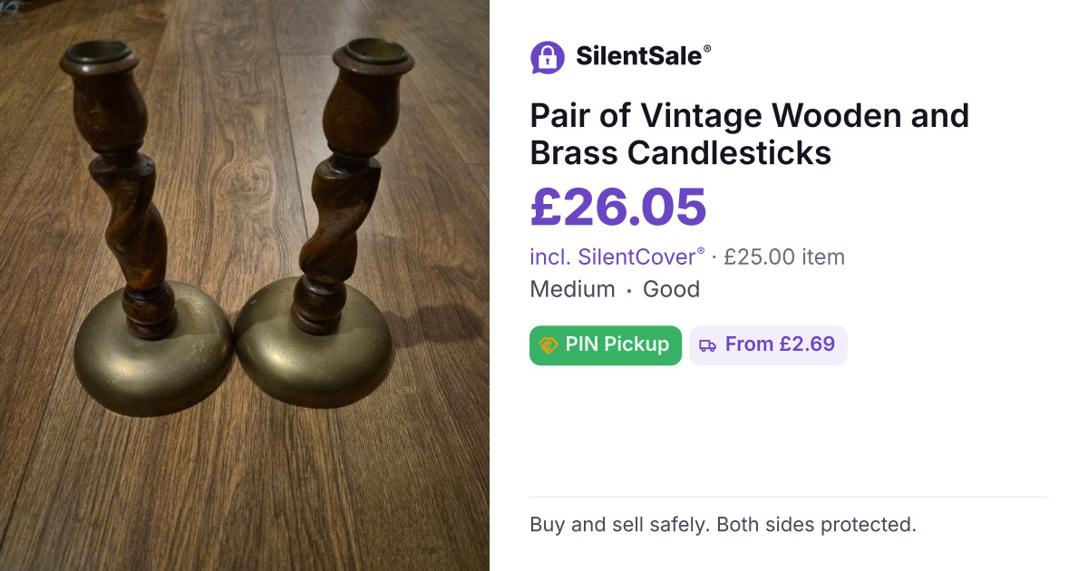 Pair of Vintage Wooden and Brass Candlesticks