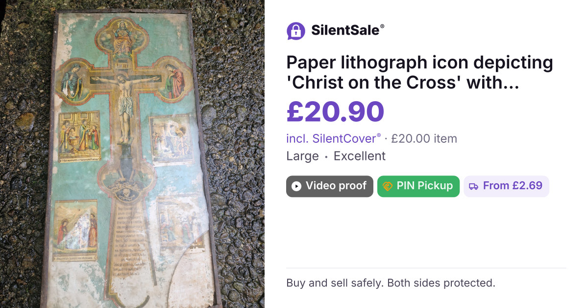 Paper lithograph icon depicting 'Christ on the Cross' with surrounding biblical scenes, likely Russian Orthodox tradition