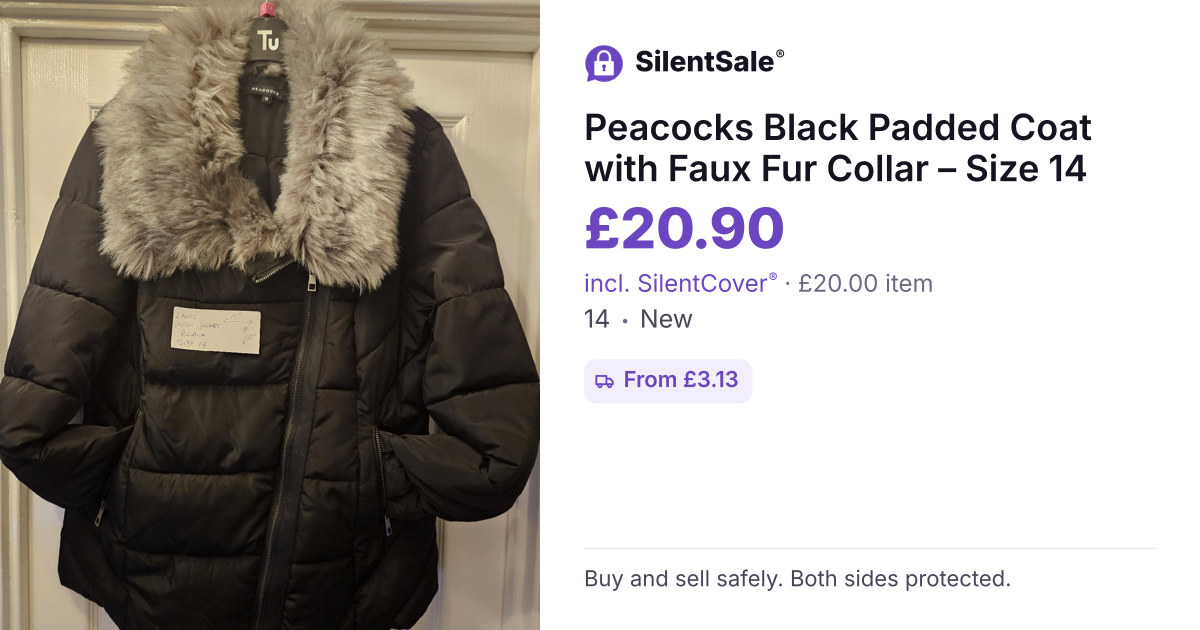 Peacocks Black Padded Coat with Faux Fur Collar – Size 14