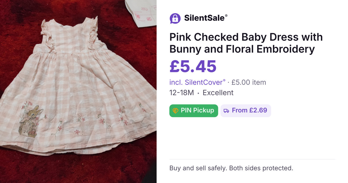 Pink Checked Baby Dress with Bunny and Floral Embroidery