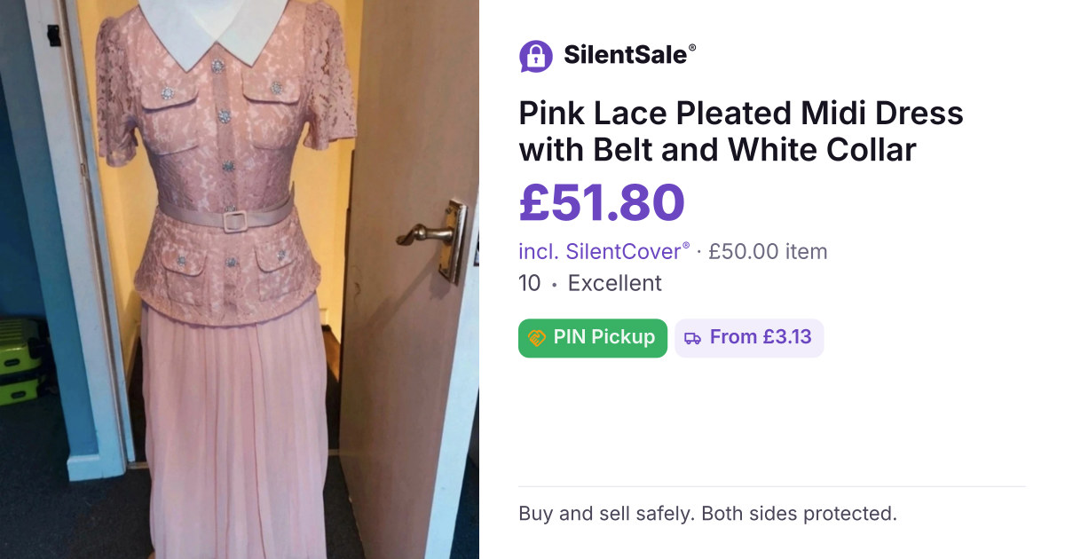 Pink Lace Pleated Midi Dress with Belt and White Collar