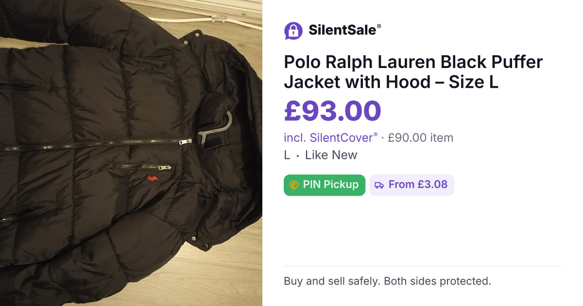 Polo Ralph Lauren Black Puffer Jacket with Hood – Size L