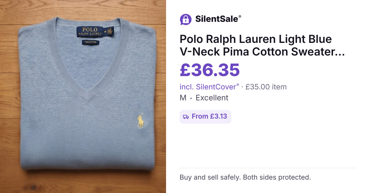 Polo Ralph Lauren Light Blue V-Neck Pima Cotton Sweater — Size M