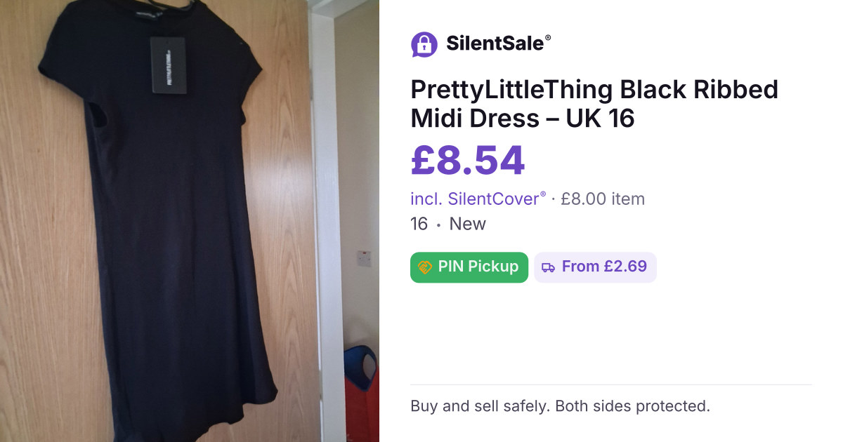 PrettyLittleThing Black Ribbed Midi Dress – UK 16