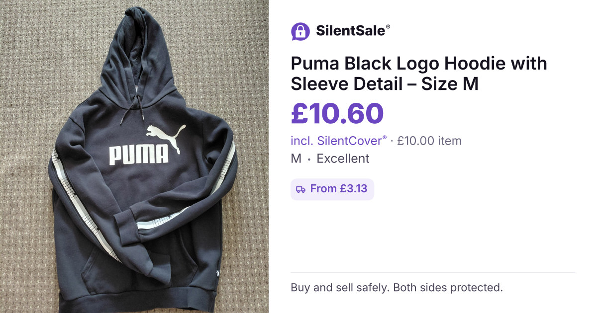 Puma Black Logo Hoodie with Sleeve Detail – Size M