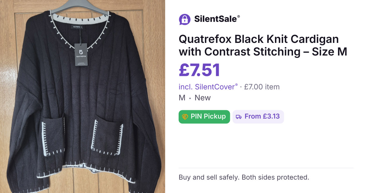 Quatrefox Black Knit Cardigan with Contrast Stitching – Size M