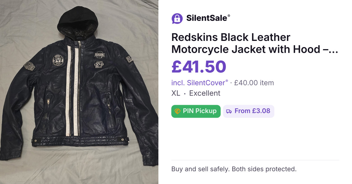 Redskins Black Leather Motorcycle Jacket with Hood – XL