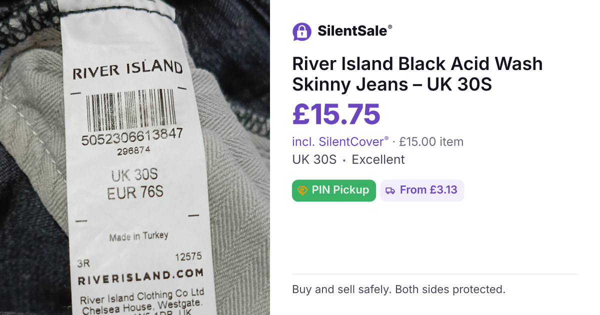 River Island Black Acid Wash Skinny Jeans – UK 30S