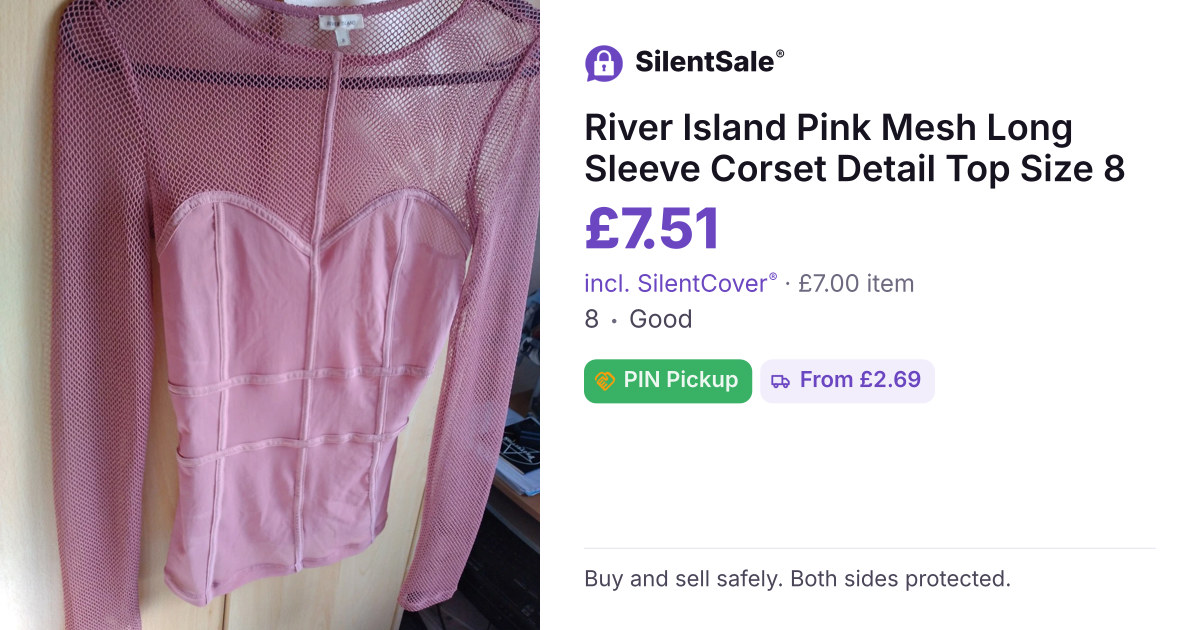 River Island Pink Mesh Long Sleeve Corset Detail Top Size 8