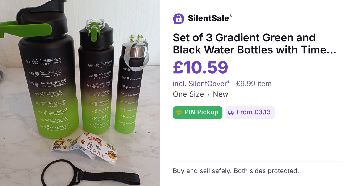 Set of 3 Gradient Green and Black Water Bottles with Time Markings