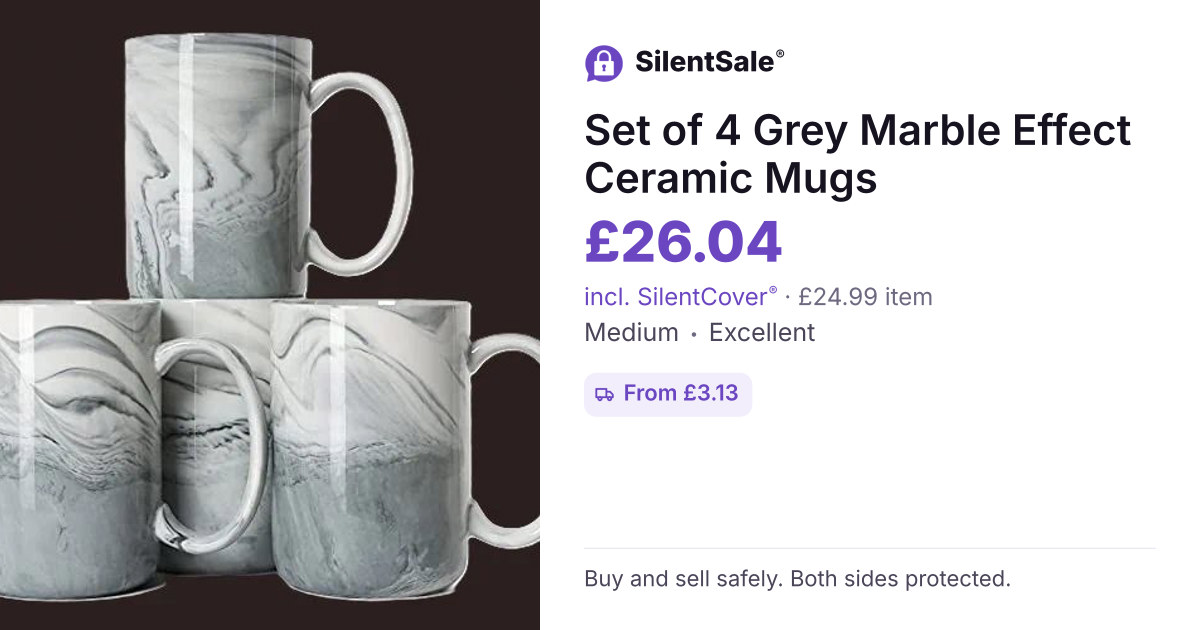 Set of 4 Grey Marble Effect Ceramic Mugs