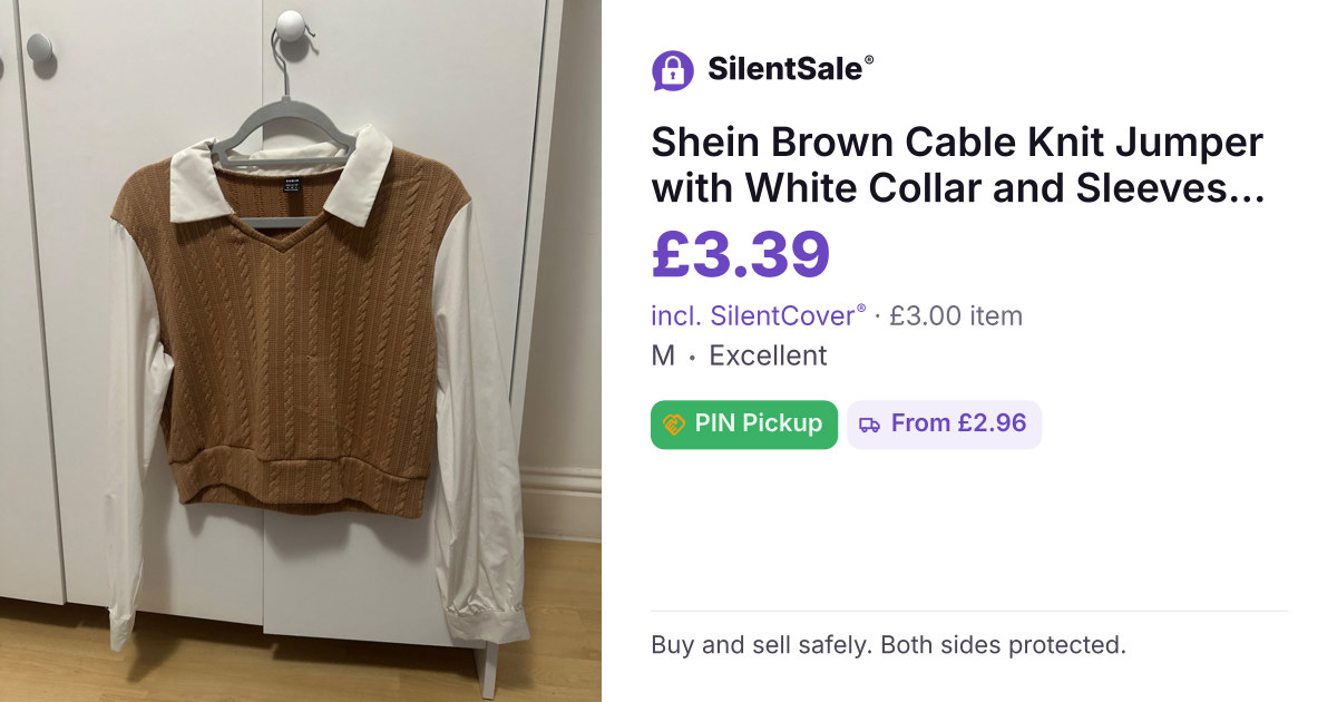 Shein Brown Cable Knit Jumper with White Collar and Sleeves – Size M