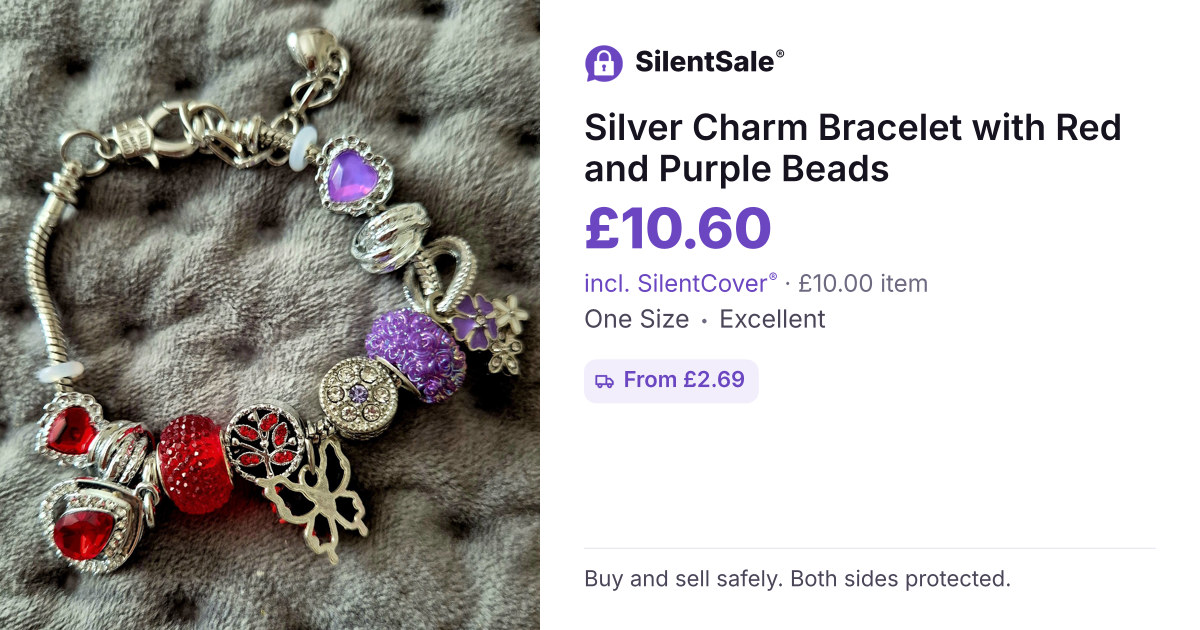 Silver Charm Bracelet with Red and Purple Beads