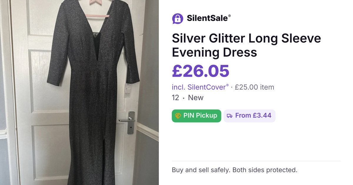 Silver Glitter Long Sleeve Evening Dress