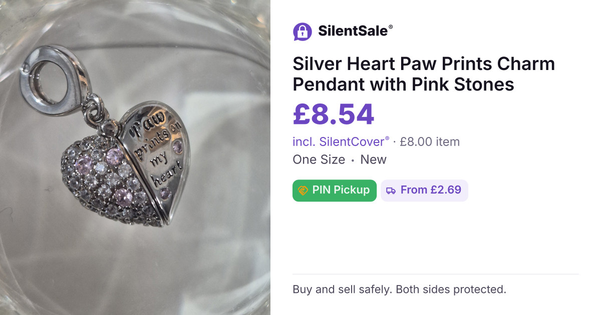 Silver Heart Paw Prints Charm Pendant with Pink Stones