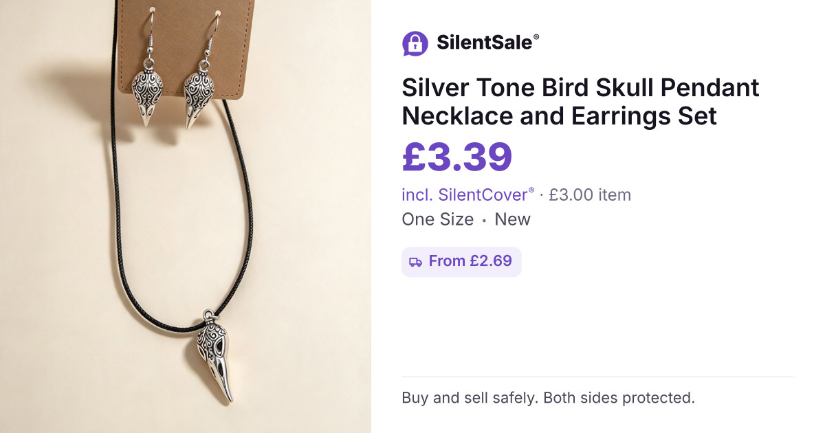 Silver Tone Bird Skull Pendant Necklace and Earrings Set