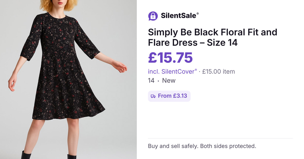 Simply Be Black Floral Fit and Flare Dress – Size 14