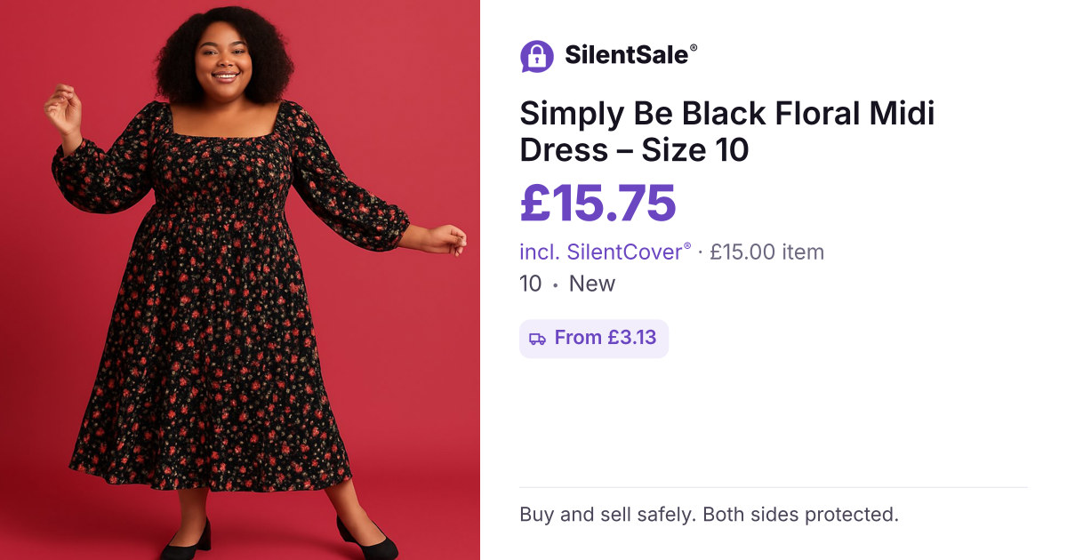 Simply Be Black Floral Midi Dress – Size 10