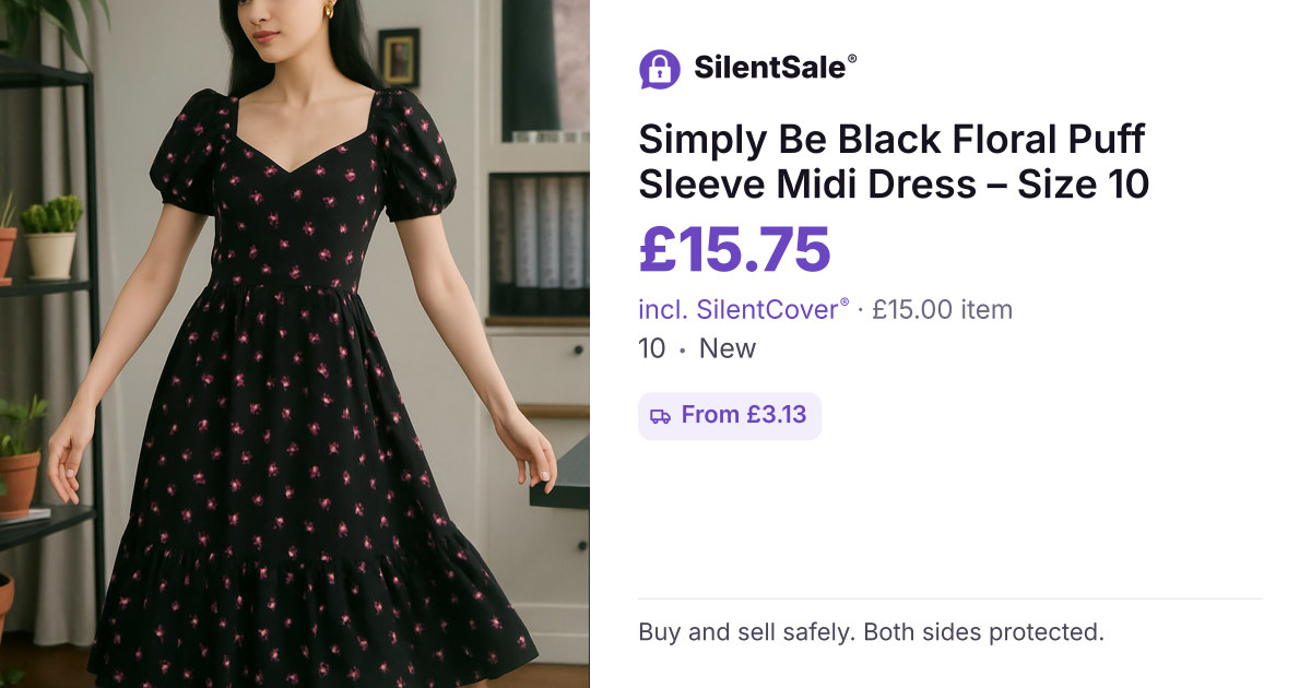 Simply Be Black Floral Puff Sleeve Midi Dress – Size 10