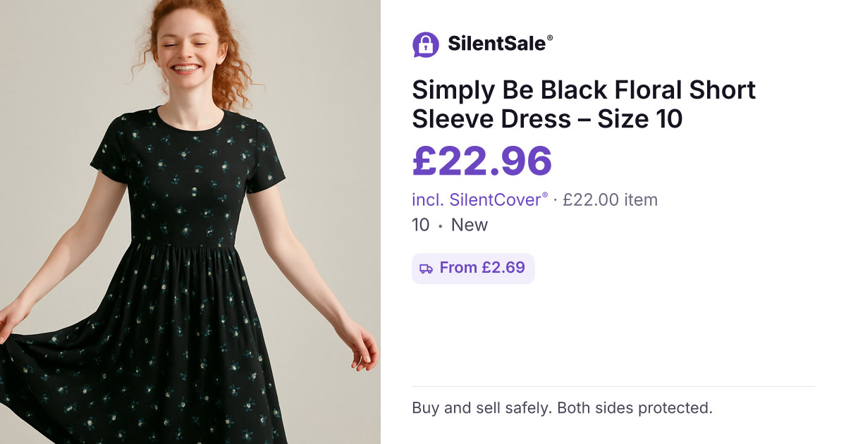 Simply Be Black Floral Short Sleeve Dress – Size 10