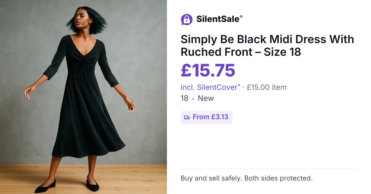 Simply Be Black Midi Dress With Ruched Front – Size 18