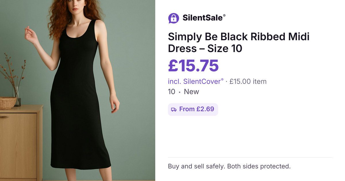 Simply Be Black Ribbed Midi Dress – Size 10