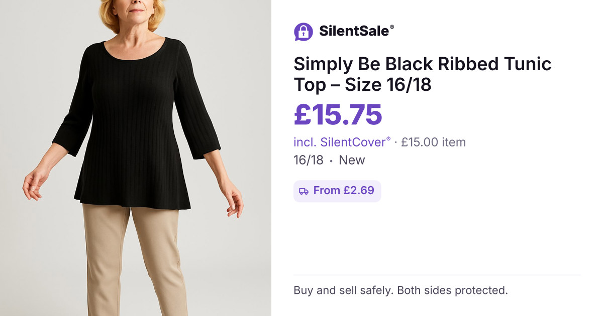 Simply Be Black Ribbed Tunic Top – Size 16/18