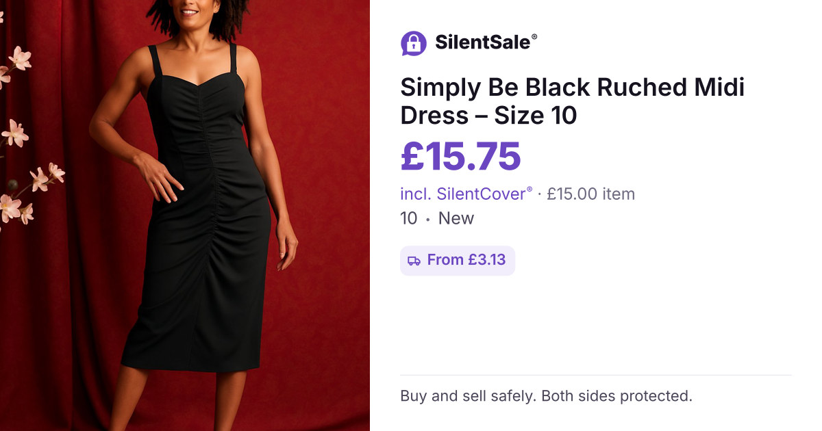 Simply Be Black Ruched Midi Dress – Size 10