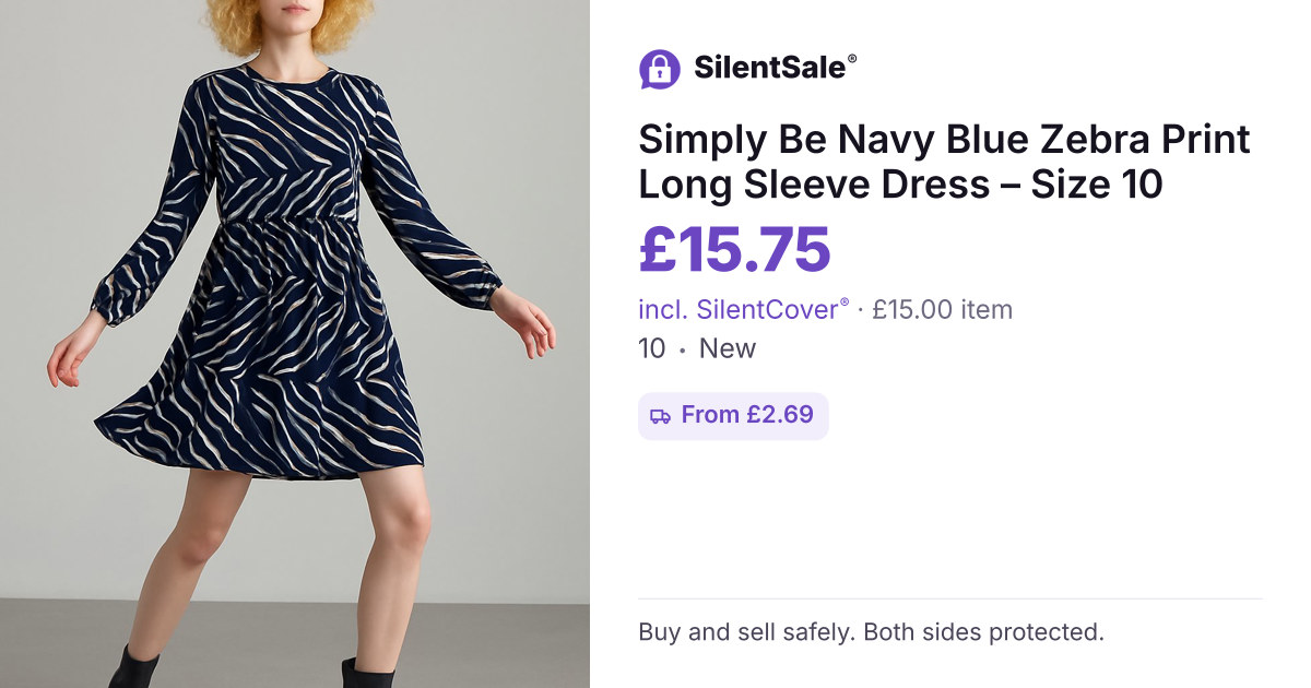 Simply Be Navy Blue Zebra Print Long Sleeve Dress – Size 10