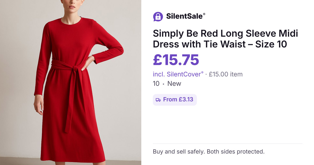 Simply Be Red Long Sleeve Midi Dress with Tie Waist – Size 10