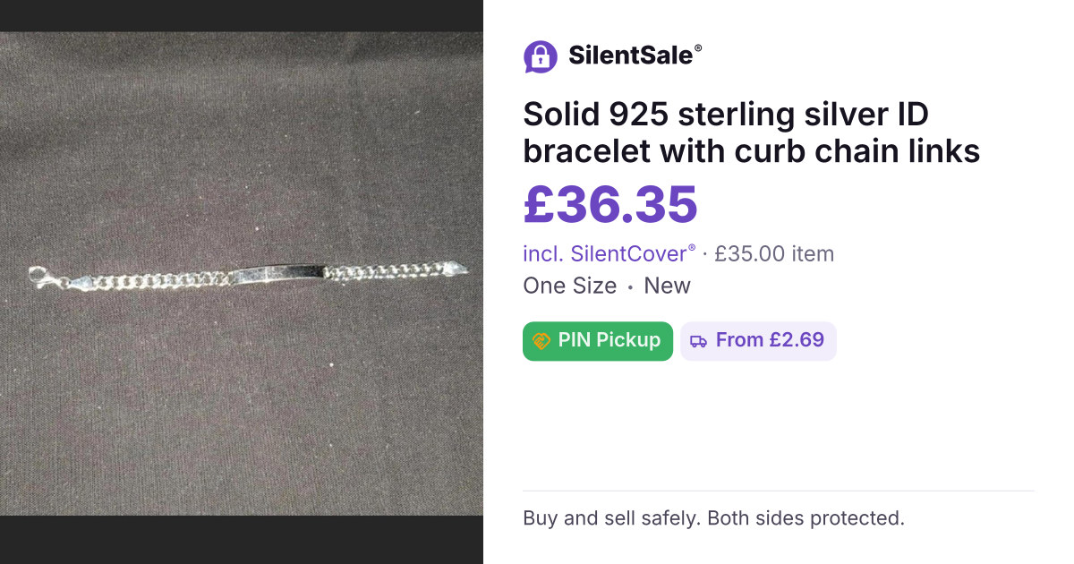 Solid 925 sterling silver ID bracelet with curb chain links 