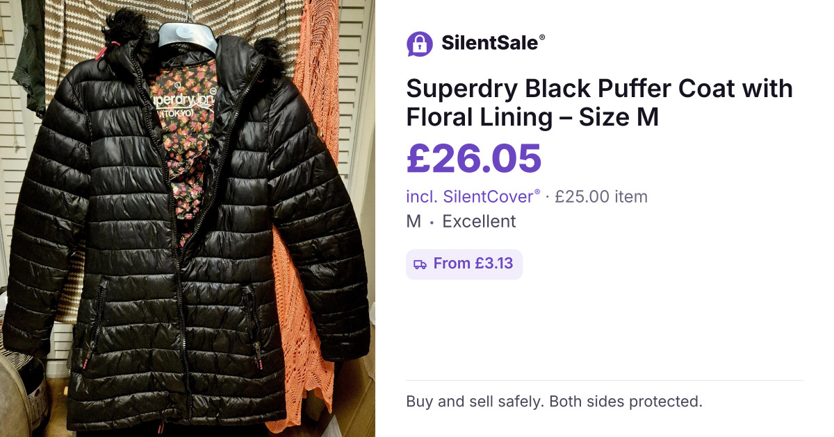 Superdry Black Puffer Coat with Floral Lining – Size M