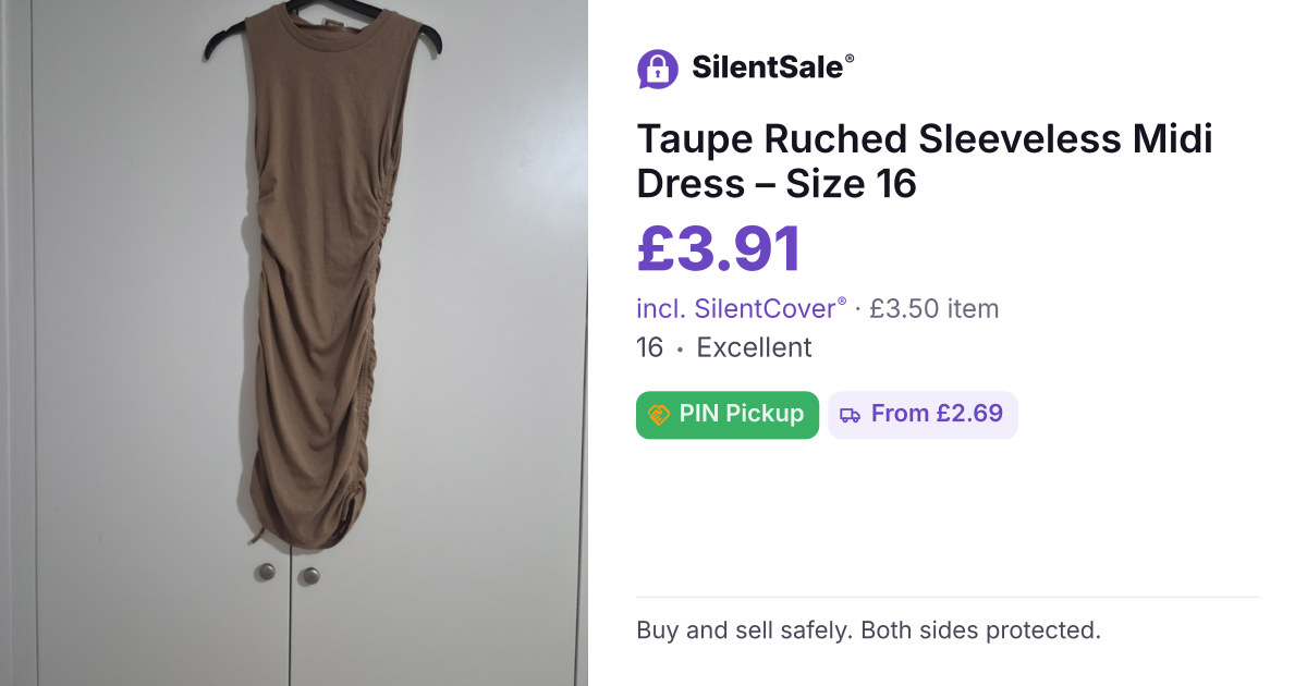 Taupe Ruched Sleeveless Midi Dress – Size 16