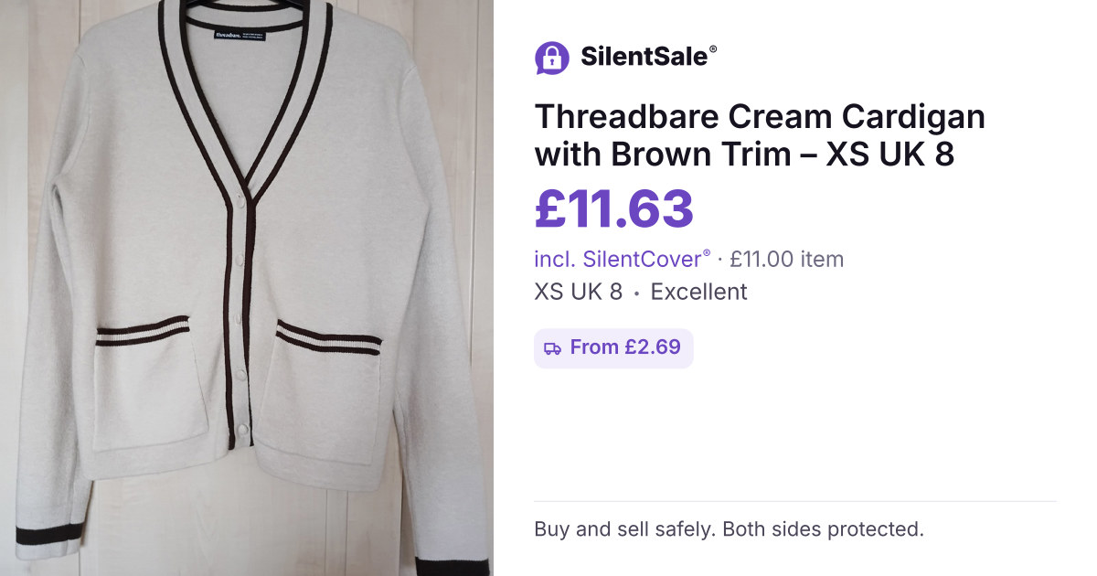 Threadbare Cream Cardigan with Brown Trim – XS UK 8