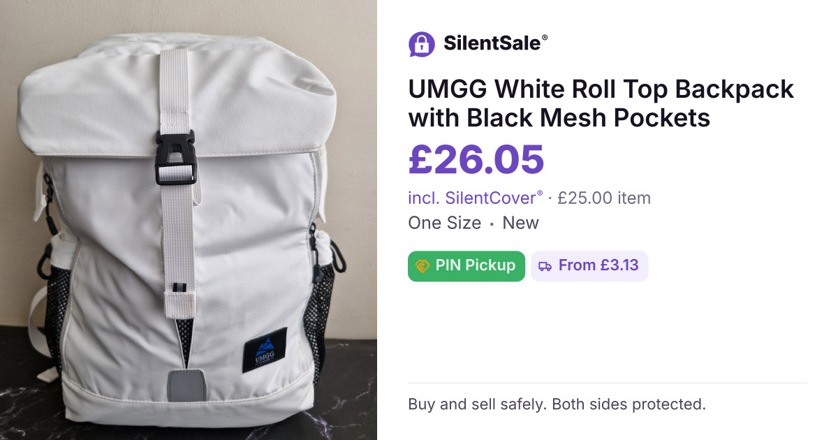 UMGG White Roll Top Backpack with Black Mesh Pockets