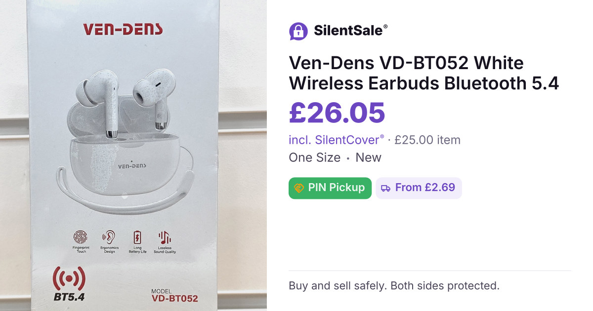 Ven-Dens VD-BT052 White Wireless Earbuds Bluetooth 5.4