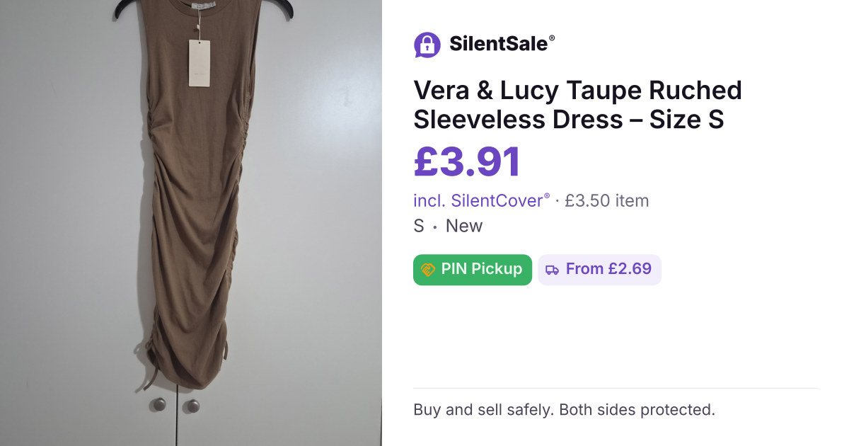 Vera & Lucy Taupe Ruched Sleeveless Dress – Size S