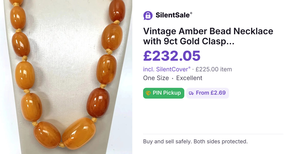 Vintage Amber Bead Necklace with 9ct Gold Clasp: Graduated Oval, 32gm, 50cm