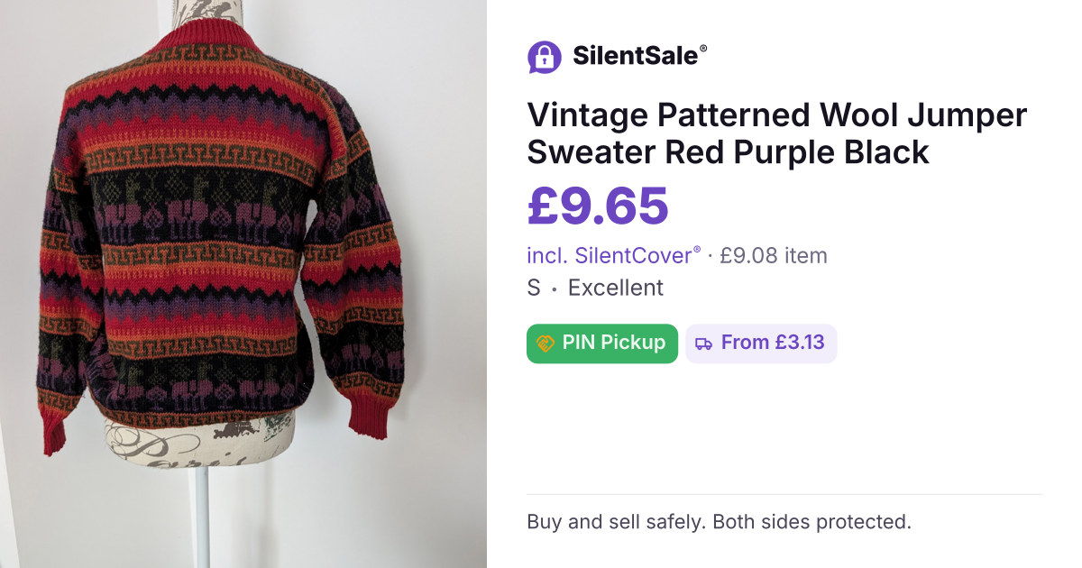 Vintage Patterned Wool Jumper Sweater Red Purple Black