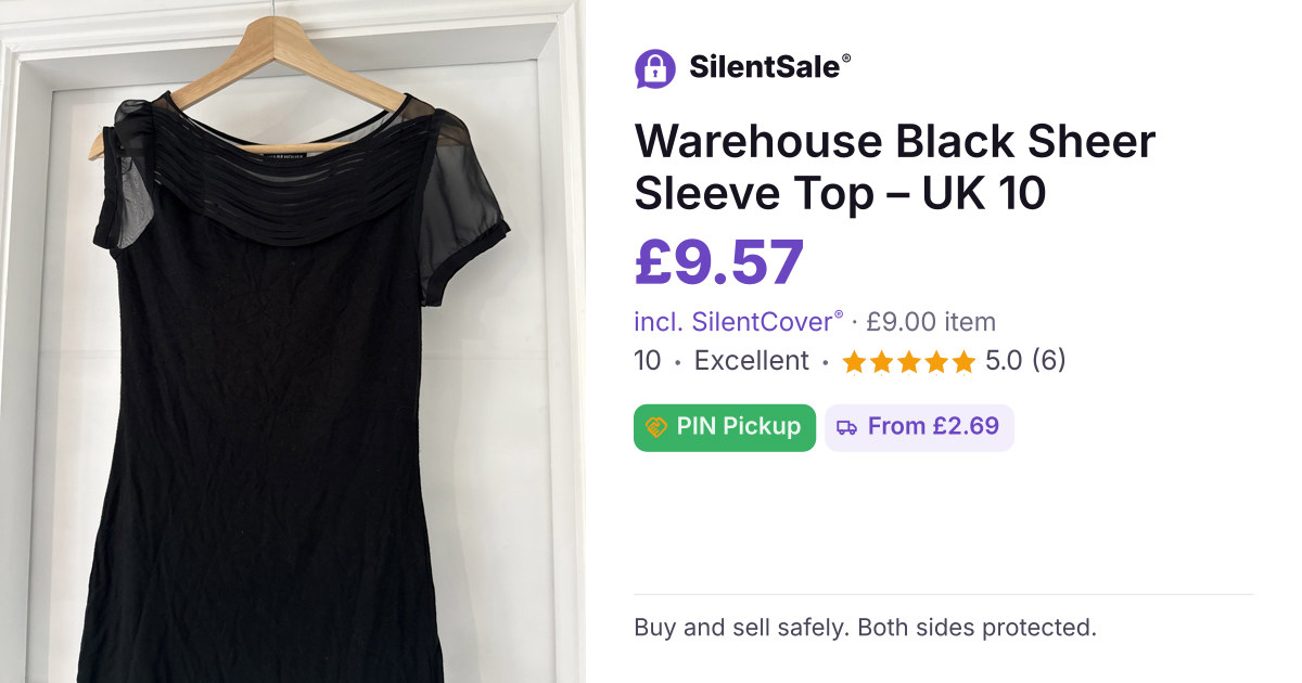 Warehouse Black Sheer Sleeve Top – UK 10