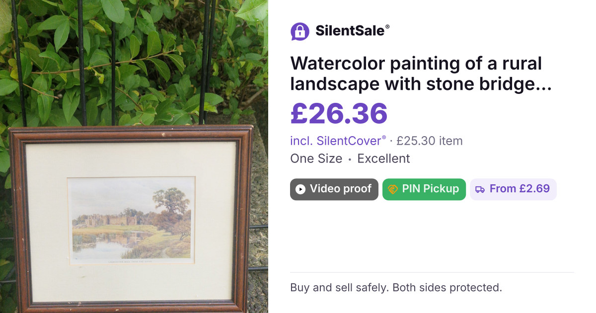 Watercolor painting of a rural landscape with stone bridge and buildings