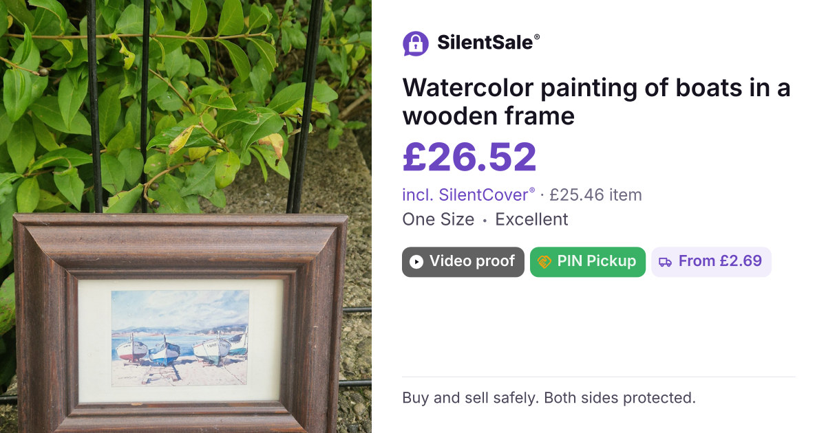 Watercolor painting of boats in a wooden frame
