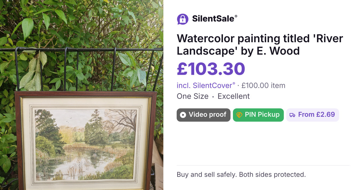 Watercolor painting titled 'River Landscape' by E. Wood