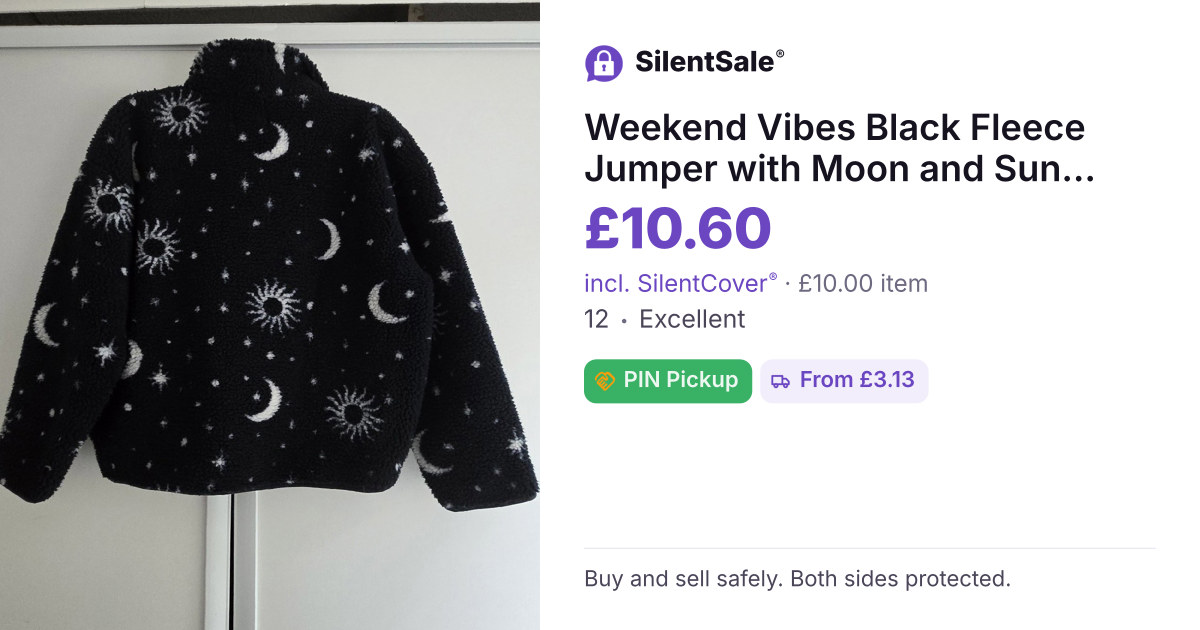 Weekend Vibes Black Fleece Jumper with Moon and Sun Print – UK 12