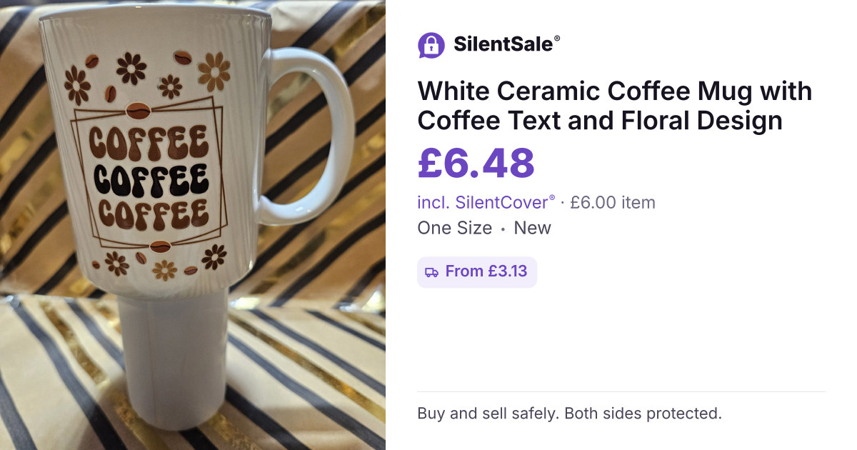 White Ceramic Coffee Mug with Coffee Text and Floral Design