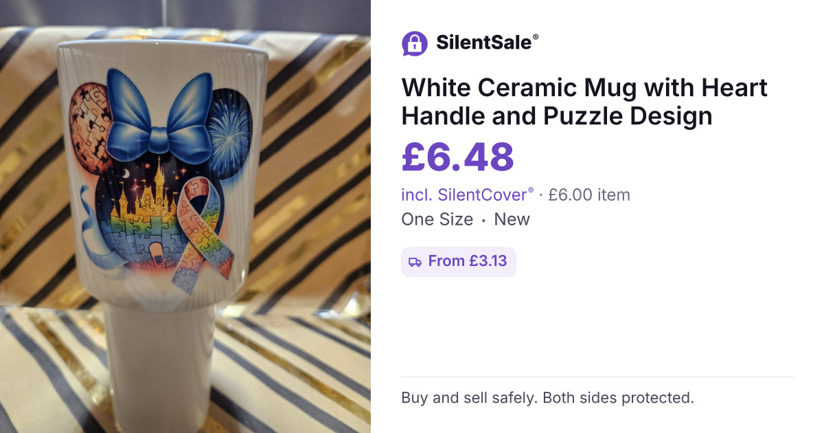 White Ceramic Mug with Heart Handle and Puzzle Design